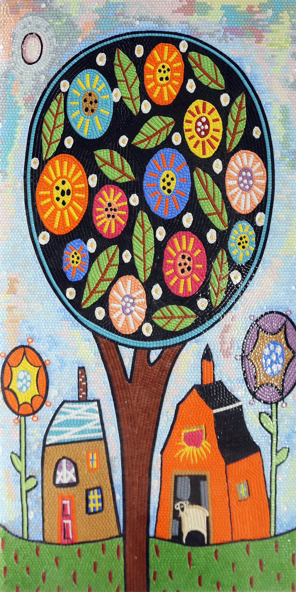 Handmade Flower Mosaic Art #161 | Botanical Tile Wall Decor