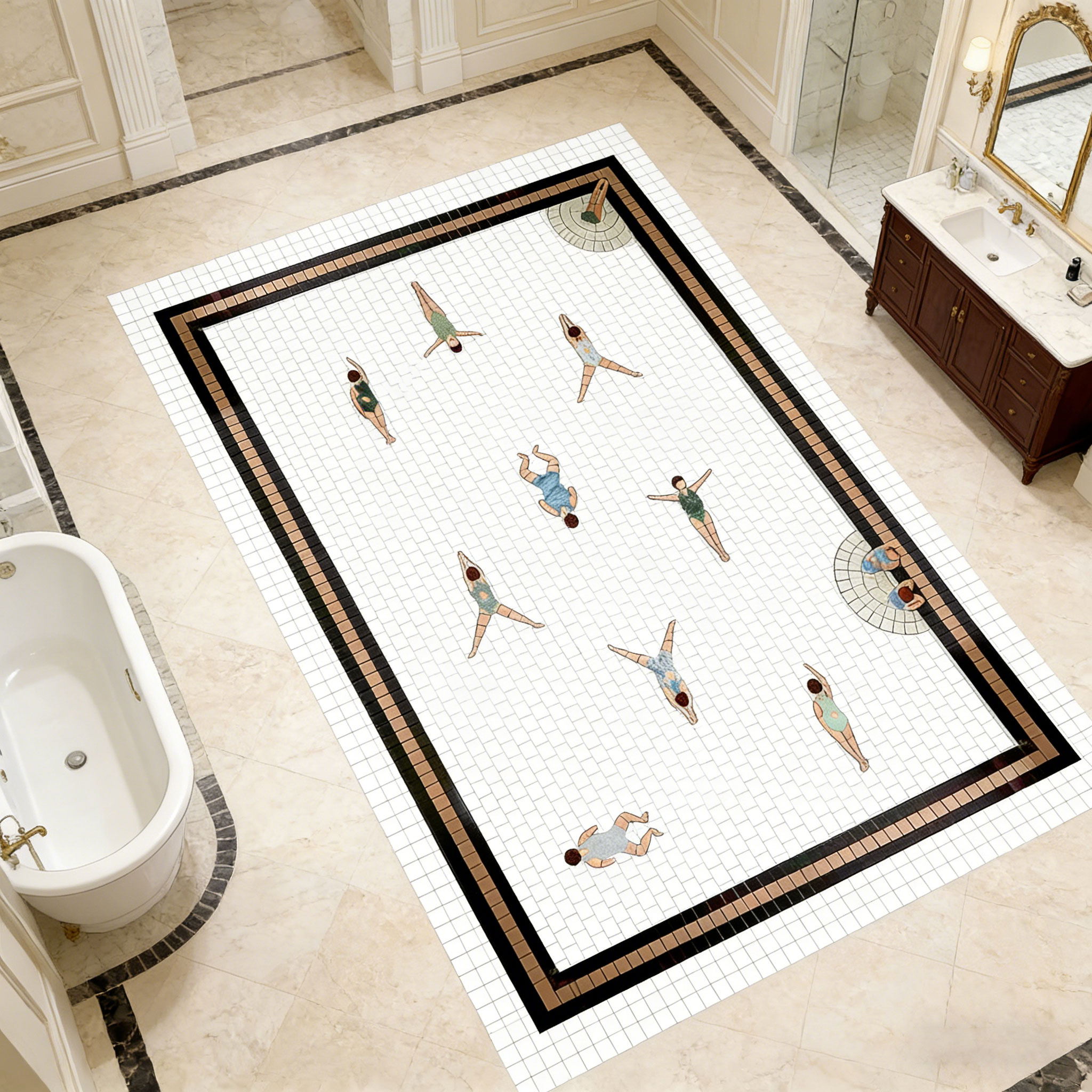 Custom Swimmers Mosaic Tile Floor – Hand-Cut Marble, Metal, Porcelain Artwork