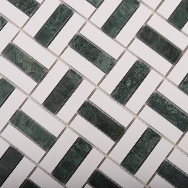 Empress Green and White Marble Mosaic Basketweave Tiles
