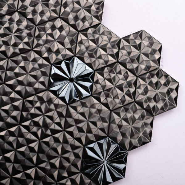 1208-58 Black Metal 3D Groutless Hexagon Mosaic Tile in Stainless Steel