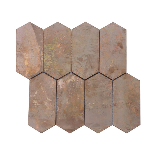 Antique-Copper-Hexagon-Mosaic-Tile-Sheet-Front-Display Elongated Hexagon Rusted Copper Tile Feature Wall Mosaic