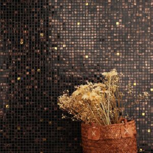 Artistic-wall-design-with-black-mosaic-tiles,-bronze-swirls,-and-gold-glass-details Dark Brown and Gold Mini Glass Mosaic Tiles