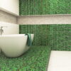 Bathroom-with-green-mosaic-tiles-on-the-floor-and-wall,-featuring-a-white-bathtub-0 Moss Green Multicolor Mixed Glass Mosaic Tiles