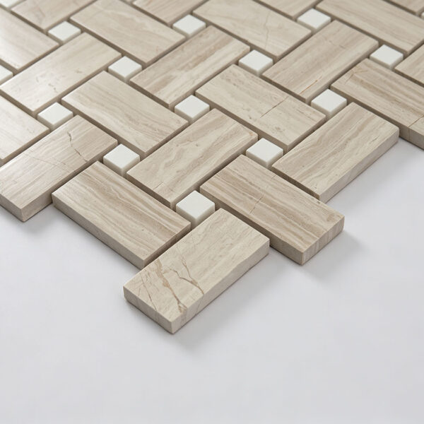 Beige Marble Basketweave Mosaic Tile with White Square Accents