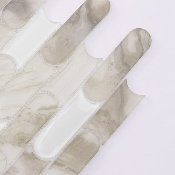 Beige White Capsule Shaped Glass Mosaic Japandi Powder Rooms, Kitchen Islands Tile