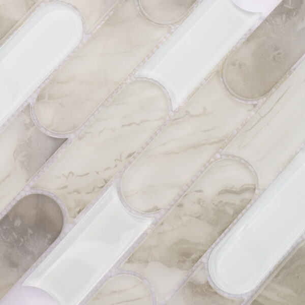 Beige White Capsule Shaped Glass Mosaic Japandi Powder Rooms, Kitchen Islands Tile