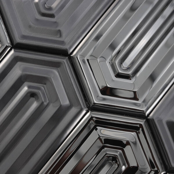 Black-Elongated-Hexagon-Mosaic-Tile-Surface-Texture-Macro-Detail Black Picket Stainless Steel Mosaic Mirror and Brushed Accent Wall Tile