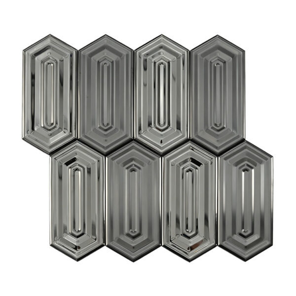 Black-Elongated-Hexagon-Stainless-Steel-Mosaic-Tile-Sheet-Angled-View Black Picket Stainless Steel Mosaic Mirror and Brushed Accent Wall Tile