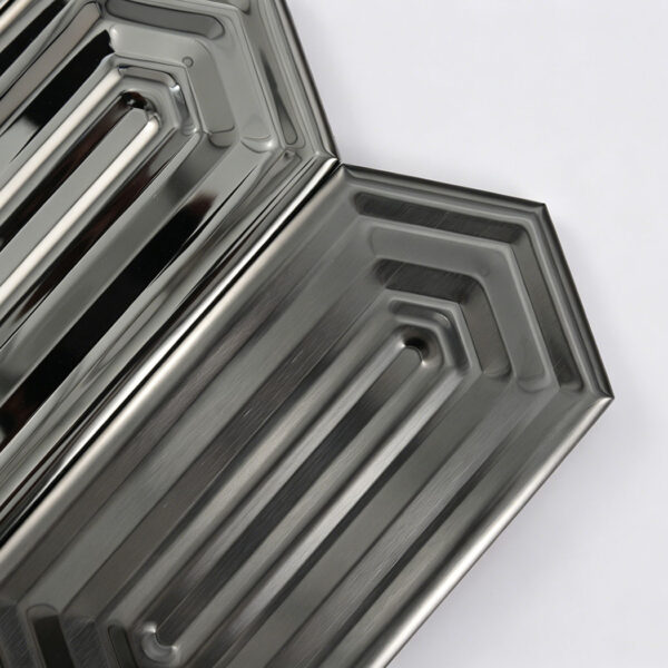 Black-Mirror-Brushed-Stainless-Steel-Mosaic-Tile-Close-Up-Detail Black Picket Stainless Steel Mosaic Mirror and Brushed Accent Wall Tile