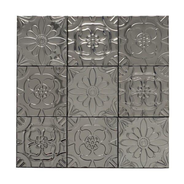 Black Embossed Patchwork Metal Mosaic Tile With Floral Patterns.