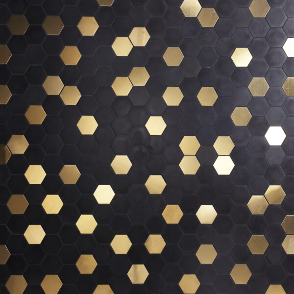 Black-and-gold-hexagonal-mosaic-tiles-forming-a-striking-geometric-pattern Large Mixed Metal Hexagon Floor Mosaic Tiles