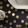 Black-and-gold-hexagonal-mosaic-tiles-on-the-floor-with-modern-bathroom-decor Large Mixed Metal Hexagon Floor Mosaic Tiles