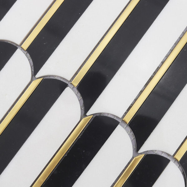 Black-and-white-arch-mosaic-surface-detail Black and White Arch Marble Mosaic Bathroom Wall Tile with Gold Line Accents