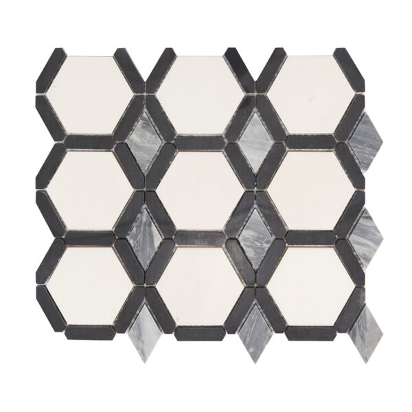 Black Border White Hexagon tile Marble Mosaic with Gray Diamond Accents