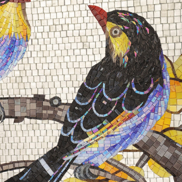 Black-bird-glass-mosaic-mural-close-up Chinese Flower Bird Handmade Glass Mosaic Mural Tile