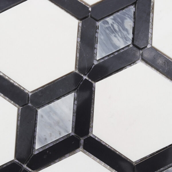 Black Border White Hexagon tile Marble Mosaic with Gray Diamond Accents
