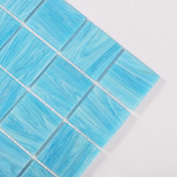 Blue-Glass-Mosaic-Tile-Sheet-Corner-Close-Up Light Blue Glass Mosaic Pool Tile Sheet 11.73 x 11.73 Inch