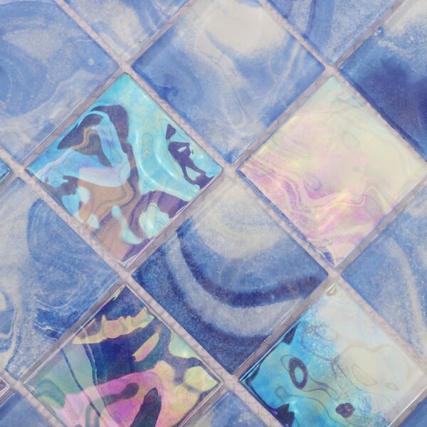 Blue-Iridescent-Square-Glass-Mosaic-Tile-Detail Coastal Modern Blue Iridescent Square Glass Mosaic Tile for Bathrooms, Shower Walls and Pool Interiors