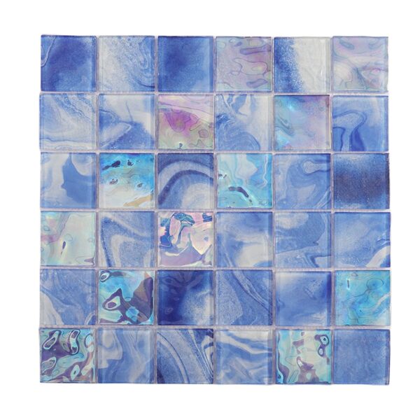 Blue-Iridescent-Square-Glass-Mosaic-Tile-Sheet Coastal Modern Blue Iridescent Square Glass Mosaic Tile for Bathrooms, Shower Walls and Pool Interiors