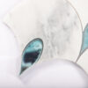 Blue-glass-inlay-detail-on-white-marble-fan-mosaic White Blue Fish Scale Marble and Glass Waterjet Mosaic Wall Tile