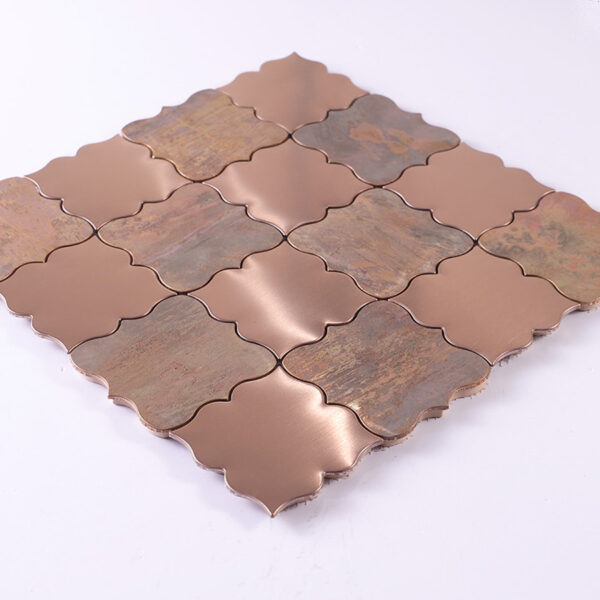 Brushed-rose-gold-bronze-tile-angle Brushed Rose Gold Stainless Steel and Copper Arabesque Mosaic Tile