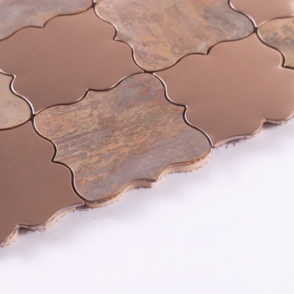 Brushed-rose-gold-bronze-tile-edge Brushed Rose Gold Stainless Steel and Copper Arabesque Mosaic Tile