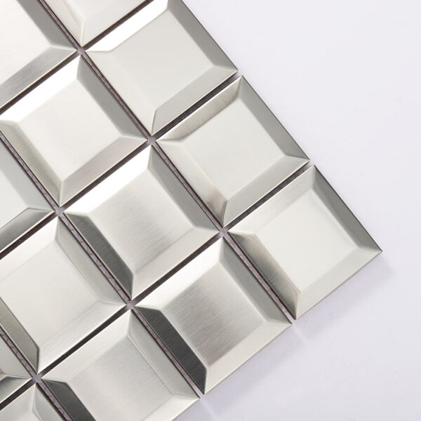 Brushed-silver-beveled-stainless-steel-mosaic-tile-corner-detail Brushed Silver Beveled Stainless Steel Square Mosaic Tile