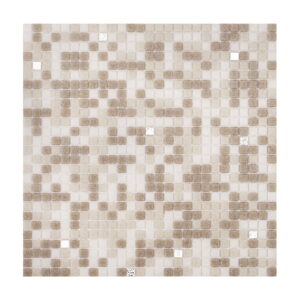 Close-up-of-a-beige-and-white-mosaic-tile-sheet-with-a-mixed-square-design,-featuring-metallic-accents Gray Mixed Micro Square Matte Glass Mosaic Tiles