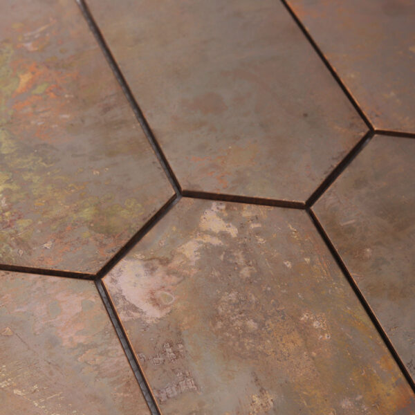 Copper-Hexagon-Mosaic-Tile-Edge-Detail-Joint-Close-Up Elongated Hexagon Rusted Copper Tile Feature Wall Mosaic