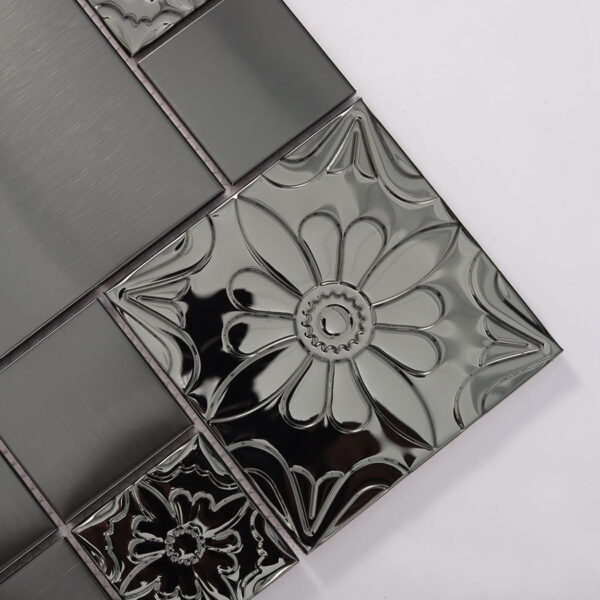 Embossed Floral Black Stainless Steel Mosaic Tile