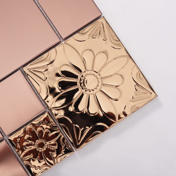 Rose Gold Stainless Steel Mosaic Wall Tile with Embossed Flower Design