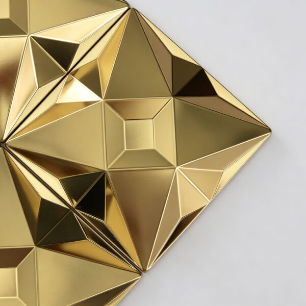 Gold-Faceted-Metal-Tile-Detail Luxury 3D Metal Geometric Gold Wall Tile Stainless Steel Mosaic