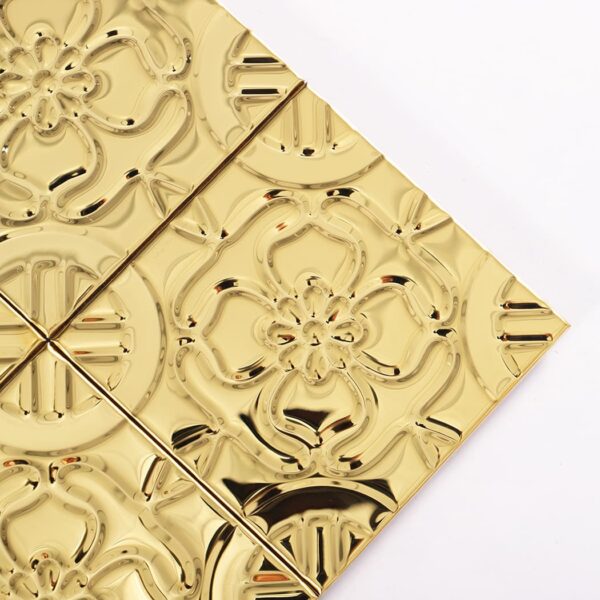 Gold-embossed-flower-medallion-tile-close-up-corner-detail Gold Embossed Floral Texture Stainless Steel Square Metal Wall Tile