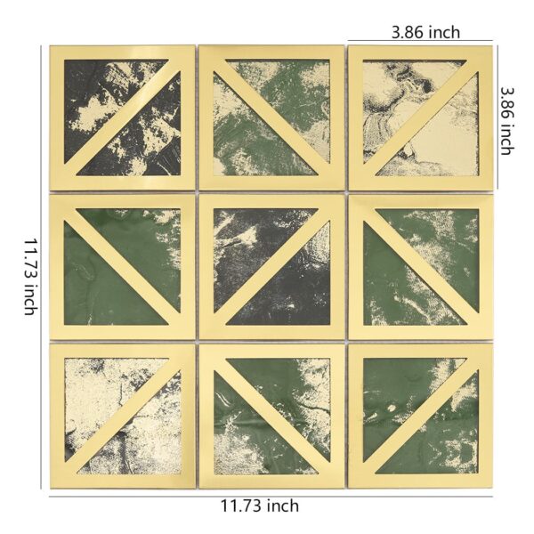 Gold-framed-green-and-black-mosaic-tile-with-dimensions Green Glass with Gold Framed Mosaic Wall Tile