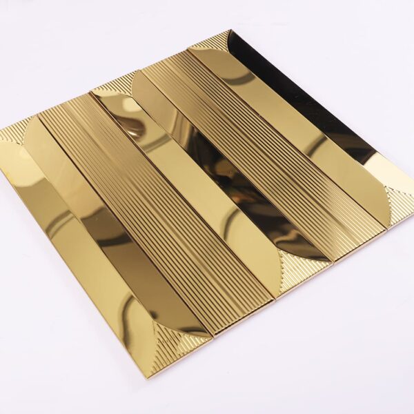 Gold-metal-tile-angled-view Gold Flute Long Subway Stainless Steel Mosaic Wall Tile