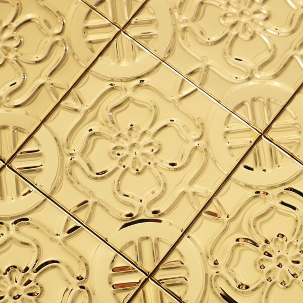 Gold-square-metal-mosaic-pattern-close-up-with-grout-lines Gold Embossed Floral Texture Stainless Steel Square Metal Wall Tile