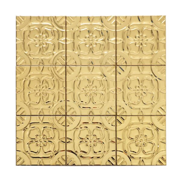 Gold-stainless-steel-embossed-floral-square-mosaic-front-view Gold Embossed Floral Texture Stainless Steel Square Metal Wall Tile