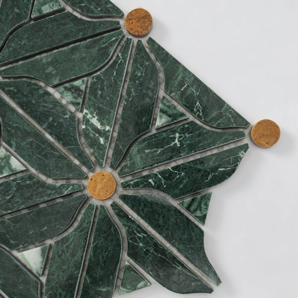 Green Marble Floral Mosaic Tile with Golden Accents