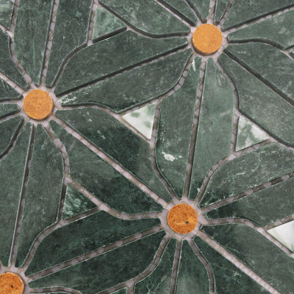 Green Marble Floral Mosaic Tile with Golden Accents