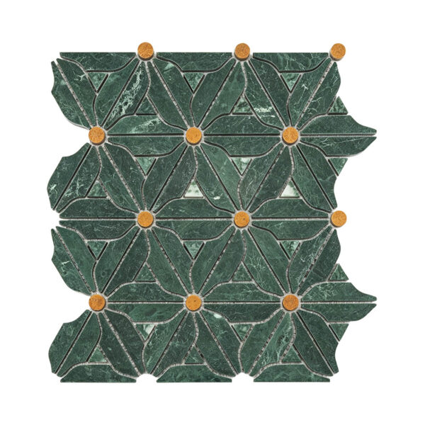 Green Marble Floral Mosaic Tile with Golden Accents