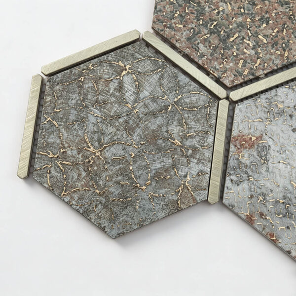 Grey-Aluminum-Hexagon-Mosaic-Tile-Gold-Vein-Detail Grey Brown Aluminum Hexagon Mosaic Tile