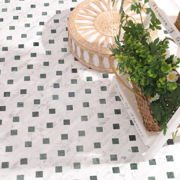 Marble-Mosaic-Floor-Decoration White and Green Marble Geometric Pattern Mosaic Floor Tile