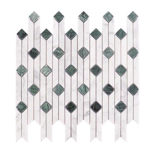Marble-Mosaic-Tile-Front-View White and Green Marble Geometric Pattern Mosaic Floor Tile