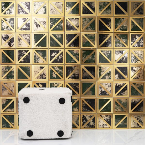Modern-interior-with-gold-mosaic-wall-and-dice-ottoman Green Glass with Gold Framed Mosaic Wall Tile
