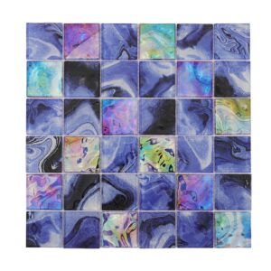 Navy Blue Iridescent Square Glass Mosaic Kitchen Backsplash, Spa Walls Tile