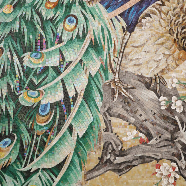 Peacock-tail-and-branch-handmade-mosaic-detail Peacock Handmade Glass Mosaic Mural Tile for Feature Wall
