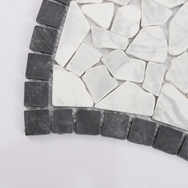 Pebble-Stone-Mosaic-Corner-Detail-Close-Up Black and White Flat Pebble Stone Floor Mosaic Tile