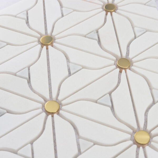 White Daisy Marble Mosaic Tile with Gold Metal Dot Accents