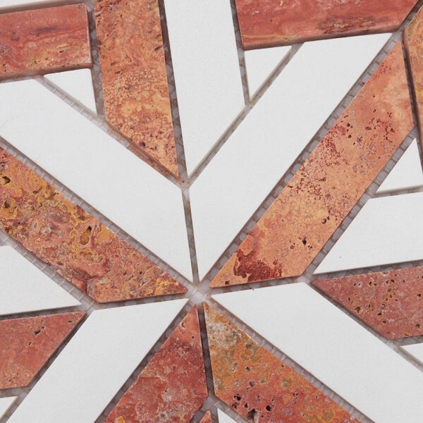 Red Travertine and White Marble Geometric Wall and Floor Tile