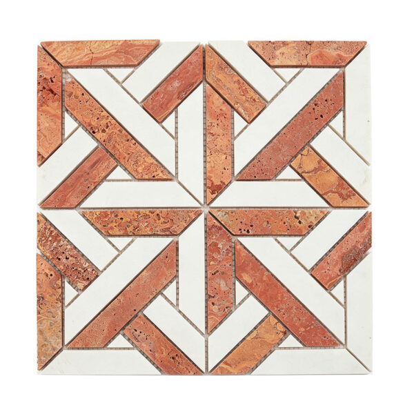 Red Travertine and White Marble Geometric Wall and Floor Tile